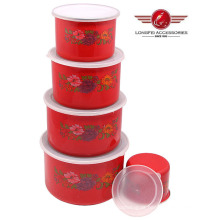 Tigela de armazenamento de esmalte de cor vermelha 5PCS alto conjunto com tampa de PP